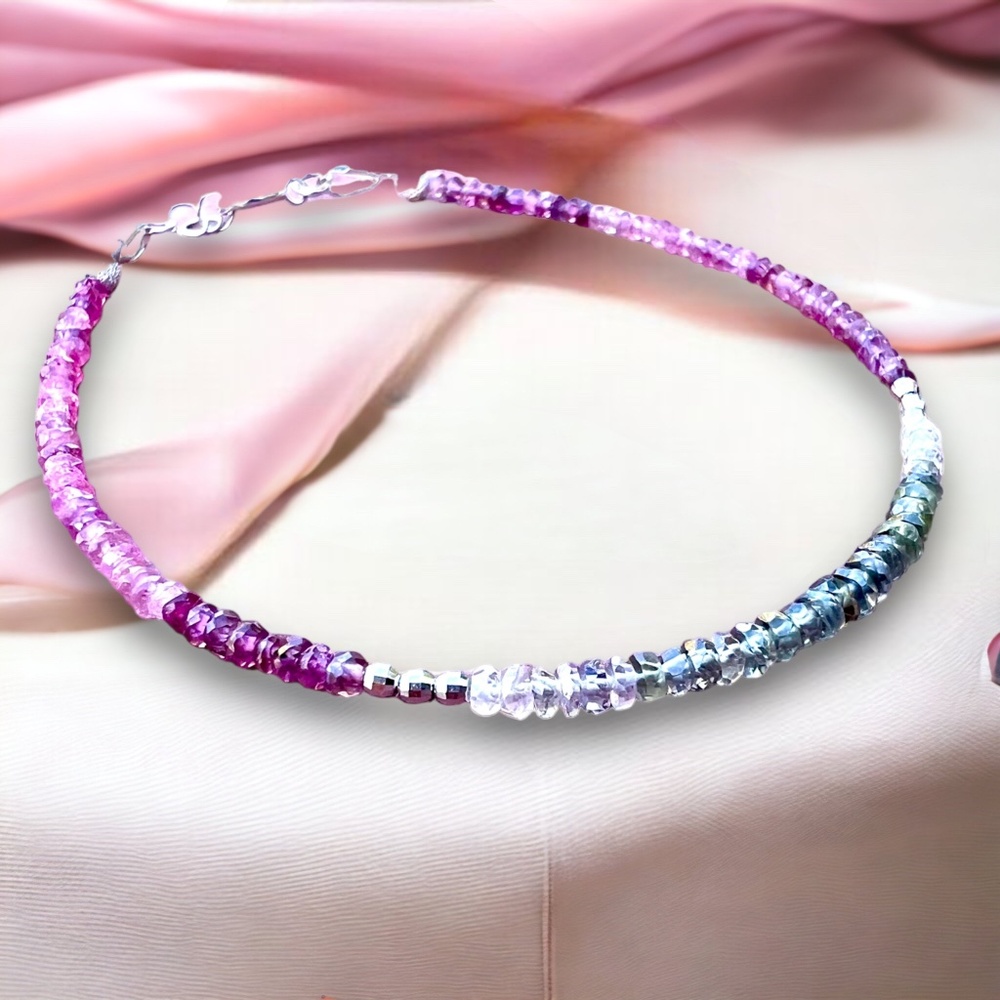 Handmade Solid 14K White Gold Natural Green Sapphire, Pink Tourmaline Bracelet